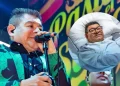 Dilbert Aguilar en concierto y en otra imagen recuperándose en cama después de una cirugía de cadera.