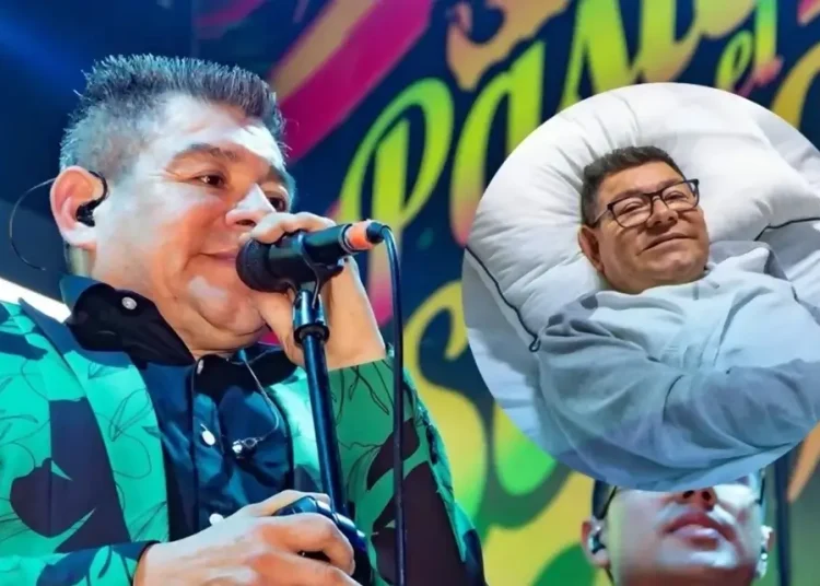 Dilbert Aguilar en concierto y en otra imagen recuperándose en cama después de una cirugía de cadera.