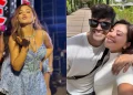 estrella torres enviando un beso y al costado derecho junto a su pareja