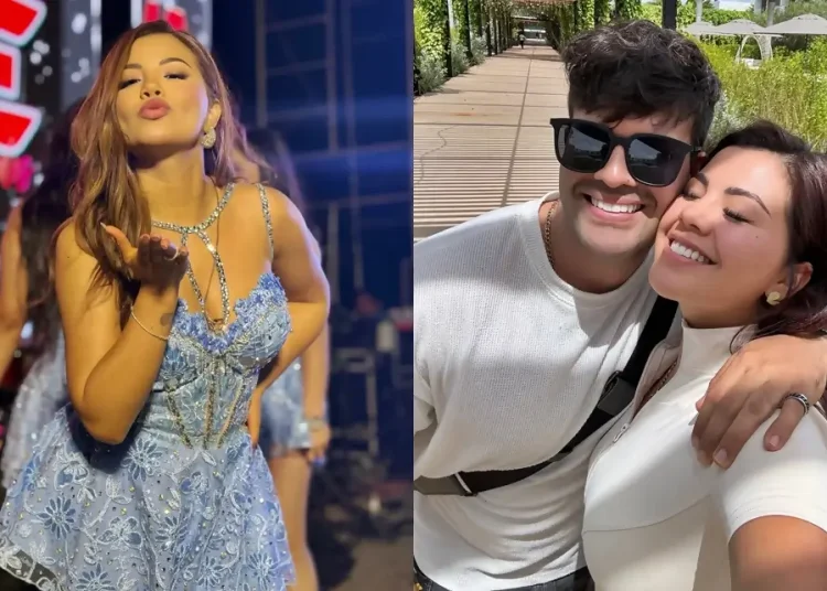 estrella torres enviando un beso y al costado derecho junto a su pareja