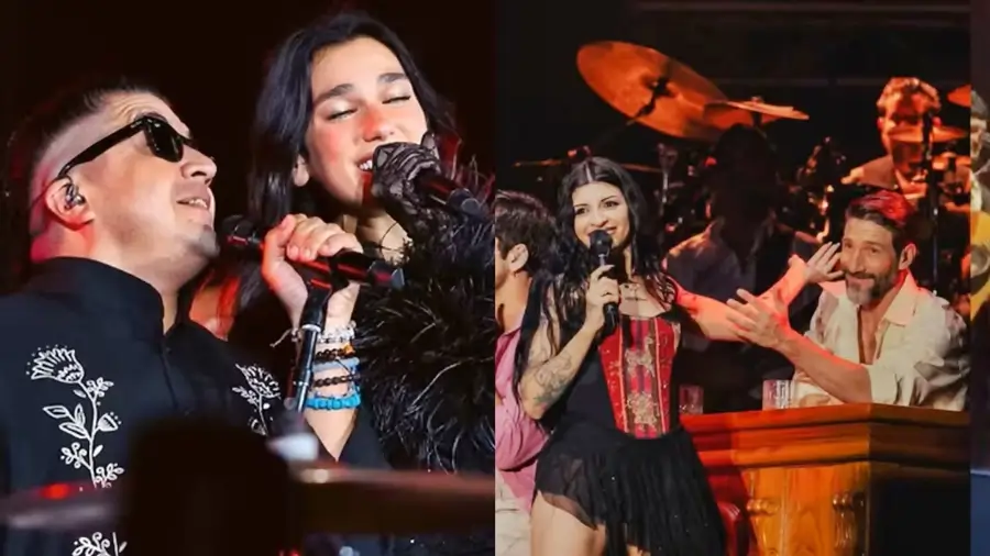 Artistas interpretando música en vivo durante concierto con público y músicos en el escenario
