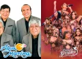 Imagen comparativa de dos agrupaciones musicales peruanas: a la izquierda, un grupo masculino con trajes formales; a la derecha, un grupo femenino cantando en el escenario