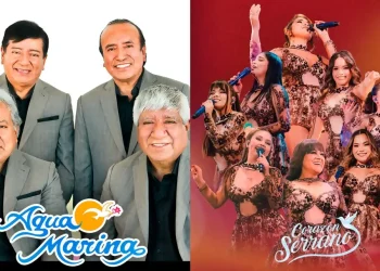 Imagen comparativa de dos agrupaciones musicales peruanas: a la izquierda, un grupo masculino con trajes formales; a la derecha, un grupo femenino cantando en el escenario