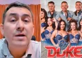 Hombre habla a cámara en primer plano junto a imagen promocional del grupo musical Son del Duke