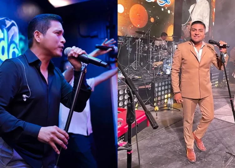 Dos cantantes de cumbia peruana se presentan en el escenario durante un concierto en vivo, micrófono en mano y con la banda tocando al fondo