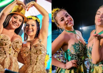 Integrantes de Son del Duke y La Bella Luz posan sobre el escenario durante un concierto, luciendo trajes brillantes en tonos dorados y verdes, con luces del show y público al fondo