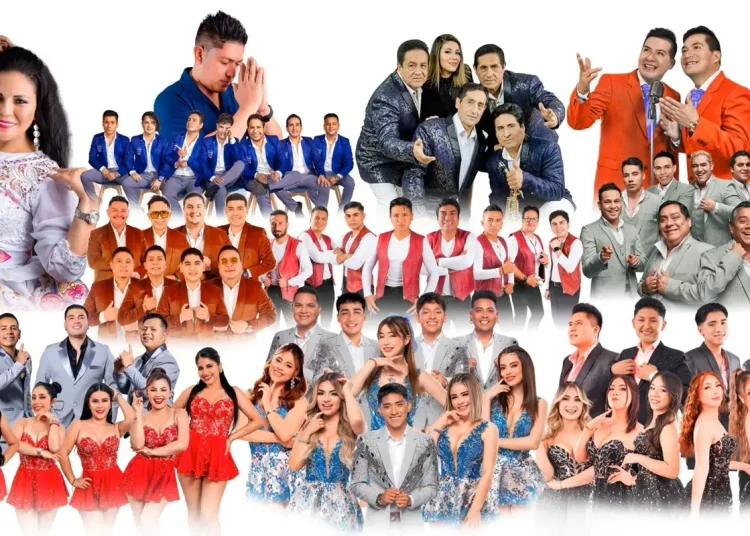 Collage de agrupaciones de música tropical y cumbia con vestuarios coloridos en promoción de concierto o festival.