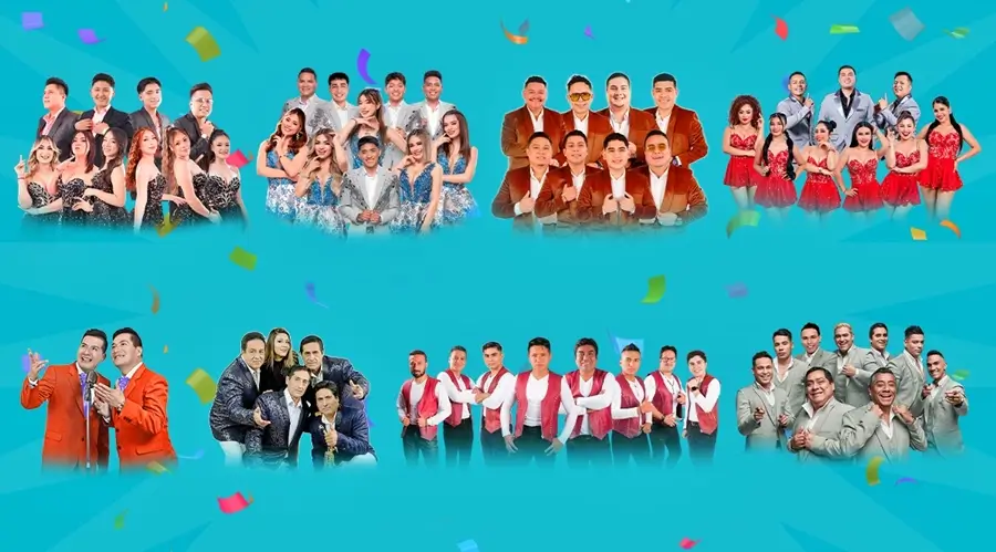 Collage promocional con seis agrupaciones musicales vestidas con trajes coordinados sobre fondo azul festivo con confeti.