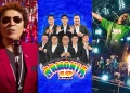 Collage con cantante en escena, afiche promocional de Armonía 10 de Piura y concierto en vivo con luces y pirotecnia.