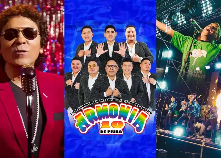 Collage con cantante en escena, afiche promocional de Armonía 10 de Piura y concierto en vivo con luces y pirotecnia.