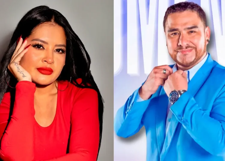 Composición fotográfica de Carolina Jaramillo posando con un vestido rojo junto a Paul Flores, fallecido cantante de Armonía 10, vestido con un traje azul.