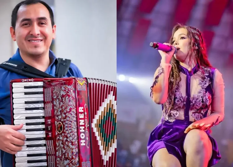 Edwin Guerrero Neira tocando el acordeón y Kiara Lozano cantando en vivo en un concierto de la agrupación de cumbia Corazón Serrano.