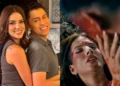 Collage que muestra a una pareja sonriendo en una foto y luego a la mujer herida en una escena dramática