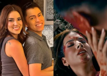 Collage que muestra a una pareja sonriendo en una foto y luego a la mujer herida en una escena dramática
