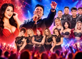 Cartel promocional de concierto con cantantes y orquestas de cumbia peruana ante un público en vivo
