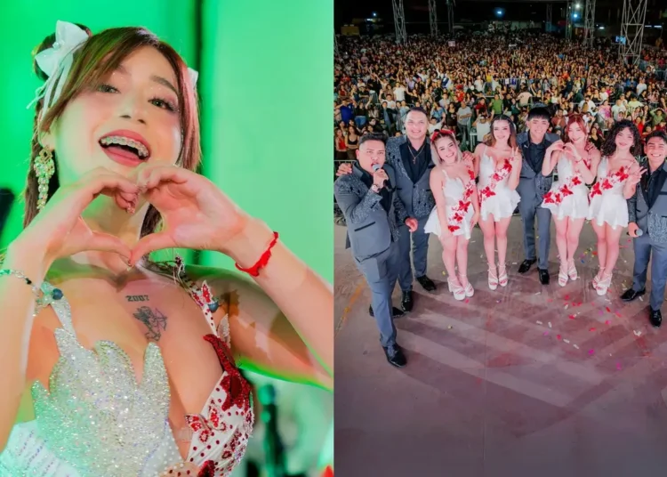 Anely Dávila hace un gesto de corazón junto a los integrantes de La Bella Luz en concierto.